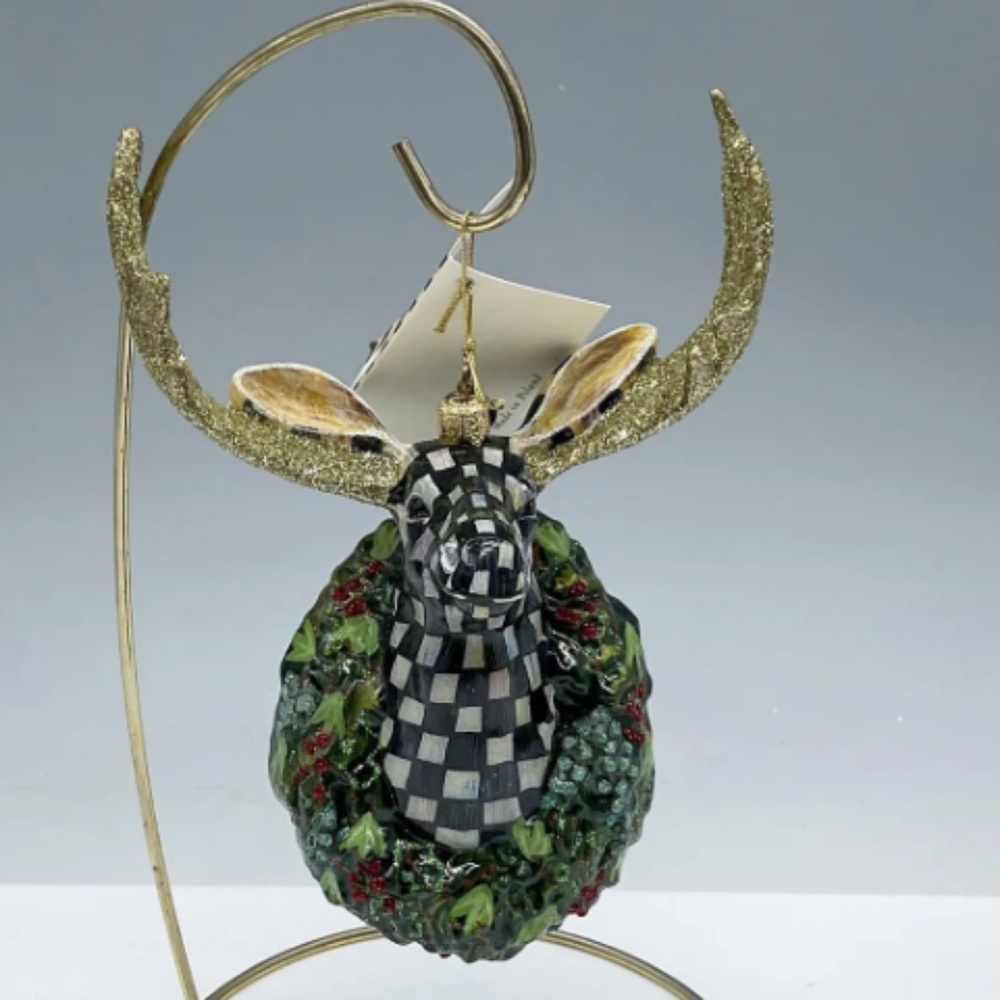 Mackenzie Childs Christmas Ornament, Courtly Check Moose, in original box